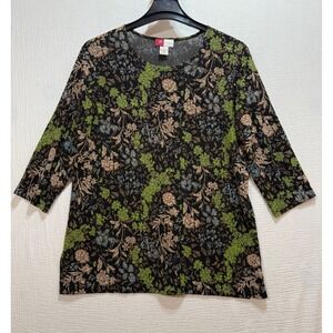 JM Collection Floral Tunic Top Women 1X Black Green 3/4 Sleeve Textured Office